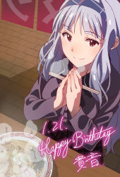 Rule 34 | 1girl, absurdres, bowl, character name, chopsticks, dated, food, hairband, happy birthday, highres, holding, holding chopsticks, idolmaster, idolmaster (classic), long hair, mioka naota, noodles, own hands together, purple eyes, ramen, shijou takane, silver hair, smile, solo, steam