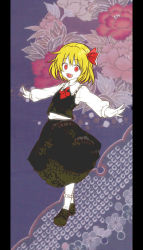Rule 34 | 1girl, :d, blonde hair, blouse, hair ribbon, nora wanko, open mouth, outstretched arms, red eyes, ribbon, rumia, shirt, short hair, skirt, smile, solo, touhou