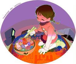 Rule 34 | 1girl, anniversary, arm support, bed, bookshelf, border, braid, brown hair, character request, chinese commentary, chopsticks, round border, closed eyes, commentary request, copyright name, creature, dated, eyeball, fisheye, green outline, green socks, highres, holding, holding chopsticks, indoors, ittan momen, jellyfish (yume nikki), kyukkyu-kun, long hair, long sleeves, madotsuki, nabe, on floor, outline, pink sweater, print sweater, purple background, red skirt, round border, round image, rug, sitting, skirt, socks, solo, sweater, television, wariza, wheelie (yume nikki), white border, yume nikki, yylp (pingnpingn)