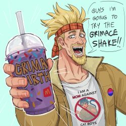 Rule 34 | 1boy, :d, absurdres, bisexual flag, bisexual flag pin, bisexual male, blonde hair, clothes writing, cup, daxratchet, disposable cup, drinking straw, english text, eyepatch, facial hair, goatee, grimace shake (meme), headband, highres, holding, holding cup, i am a mom against cat boys (meme), looking at viewer, male focus, mature male, mcdonald&#039;s, meme, milkshake, mustache, open mouth, outstretched arm, pin, print shirt, purple liquid, red headband, scene reference, shirt, short hair, sideburns, smile, solo, spiked hair, thick eyebrows, thorkell, upper body, vinland saga
