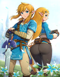 Rule 34 | 1boy, 1girl, absurdres, anniversary, ass, belt, black gloves, black pants, blonde hair, blue eyes, blue sky, blue tunic, brown belt, champion&#039;s tunic (zelda), commentary request, cowboy shot, day, fingerless gloves, from behind, gloves, gonzarez, green eyes, grey pants, highres, huge ass, leggings, link, long hair, long sleeves, looking at viewer, looking back, master sword, nintendo, outdoors, pants, pantylines, planted, planted sword, planted weapon, pointy ears, pouch, princess zelda, profile, sheikah slate, sidelocks, sky, standing, sword, tags, the legend of zelda, the legend of zelda: breath of the wild, thighs, tight clothes, tight pants, tunic, weapon