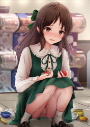 Rule 34 | 1girl, black footwear, blurry, blurry background, blush, bow, brown eyes, brown hair, collared shirt, commentary request, depth of field, dress, frilled shirt collar, frills, gashapon, green bow, green dress, green ribbon, hair bow, highres, holding, idolmaster, idolmaster cinderella girls, idolmaster cinderella girls starlight stage, loafers, long hair, long sleeves, looking at viewer, monaka curl, neck ribbon, nose blush, parted lips, ribbon, shirt, shoes, sleeveless, sleeveless dress, socks, solo, squatting, tachibana arisu, tears, tile floor, tiles, wavy mouth, white shirt, white socks