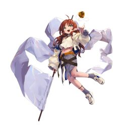 Rule 34 | 1girl, apple, arknights, belt, blush, brown hair, flag, food, fruit, full body, golden apple, green eyes, grey socks, highres, holding, holding flag, jacket, long hair, long sleeves, myrtle (arknights), open clothes, open jacket, open mouth, pointy ears, shoes, simple background, skirt, socks, solo, tank top, white background, white flag, white footwear, white tank top, yachima tana
