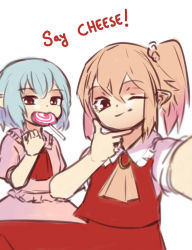 Rule 34 | 2girls, ascot, blue hair, candy, eating, english text, flandre scarlet, food, frilled shirt, frilled shirt collar, frills, hair between eyes, highres, lollipop, looking at viewer, multiple girls, no headwear, one eye closed, pointy ears, puffy short sleeves, puffy sleeves, red eyes, remilia scarlet, selfie, shirt, short hair, short sleeves, siblings, side ponytail, simple background, sisters, skirt, skirt set, smile, touhou, upper body, white background, yoruny