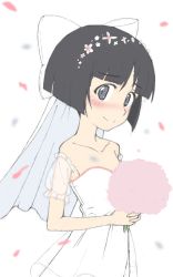 Rule 34 | 1girl, bare shoulders, black eyes, black hair, blunt bangs, blunt ends, blush, bob cut, bouquet, bow, closed mouth, collarbone, detached sleeves, dress, flower, girls und panzer, girls und panzer senshadou daisakusen!, hair bow, hair flower, hair ornament, holding, holding bouquet, kayabakoro, looking at viewer, one-hour drawing challenge, petals, pink flower, see-through, short hair, sketch, smile, sono midoriko, veil, wedding dress, white bow, white dress