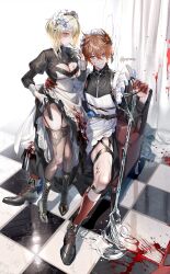 Rule 34 | 1boy, 1girl, absurdres, ankle boots, apron, belt, biting, black dress, black footwear, black thighhighs, blonde hair, blood, blood on breasts, blood on clothes, blood on face, blood on ground, blood on hands, blood on leg, blue eyes, boots, breasts, brown hair, checkered floor, cleavage, cleavage cutout, clothes lift, clothing cutout, collared dress, commentary, crossdressing, dress, dress lift, flower, frilled apron, frills, garter straps, genshin impact, glove biting, gloves, hair between eyes, hair flower, hair ornament, half gloves, high heel boots, high heels, highres, holding, holding knife, juliet sleeves, kneehighs, knife, lace, lace-trimmed legwear, lace trim, large breasts, long sleeves, lumine (genshin impact), maid, maid apron, maid headdress, mask, mask on head, pantyhose, pottsness, puffy sleeves, red gloves, red socks, short hair with long locks, sidelocks, sitting, skindentation, smile, socks, standing, tartaglia (genshin impact), tartarus, thighhighs, torn clothes, torn pantyhose, torso grab, twitter username, vision (genshin impact), white gloves, yellow eyes
