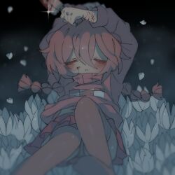 Rule 34 | 1girl, barefoot, blood, blood on face, bloody knife, blurry, blurry foreground, braid, brown hair, candyseru, closed eyes, feet, field, flower, flower field, hair between eyes, highres, holding, holding knife, knife, leaf, light blush, long hair, lying, madotsuki, navel, pink skirt, pink sweater, pleated skirt, print sweater, self-harm scar, sidelocks, skirt, solo, sparkle, sweater, twin braids, white flower, yume nikki