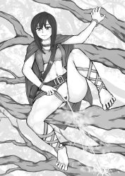 Rule 34 | 1girl, absurdres, arm up, barefoot, belt, blush, bracelet, breasts, cape, closed mouth, clothing aside, collarbone, dodomesu, feet, female focus, female pubic hair, full body, greyscale, highres, jewelry, leg up, long hair, midriff, miniskirt, monochrome, navel, original, outdoors, panties, panties aside, peeing, pubic hair, pussy, skirt, small breasts, solo, spread legs, steam, strapless, sweat, tree, tube top, uncensored, underwear, vest