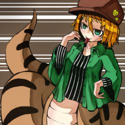 Rule 34 | 1girl, bad id, bad pixiv id, bell sleeve, blonde hair, cabbie hat, forked tongue, green eyes, hair between eyes, hat, lamia, lapel pin, monster girl, open clothes, open shirt, original, pin, shirt, short hair, snake tail, solo, striped, tail, tamanegi tarou, tongue, tongue out, vertical stripes