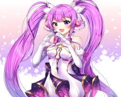 Rule 34 | 1girl, :d, aisha landar, bare shoulders, blush, breasts, cleavage, cleavage cutout, clothing cutout, commentary request, dress, elbow gloves, elsword, gloves, hair ornament, hands up, heart, heart hands, highres, long hair, looking at viewer, magical girl, medium breasts, metamorphy (elsword), open mouth, purple hair, signature, smile, solo, twintails, very long hair, white dress, white gloves, xes (xes 5377)