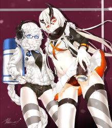 Rule 34 | 10s, 2girls, absurdly long hair, abyssal ship, alternate costume, bag, black panties, blue eyes, braid, can, colored skin, deanna, from below, glasses, headphones, heavy cruiser princess, highres, holding, horns, kantai collection, long hair, looking at viewer, multiple girls, navel, orange eyes, panties, pantyshot, pleated skirt, short shorts, shorts, single braid, skirt, standing, striped clothes, striped legwear, striped thighhighs, supply depot princess, thighhighs, underwear, very long hair, white hair, white skin