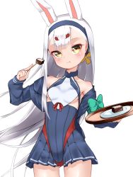 Rule 34 | 1girl, :t, animal ears, armpits, azur lane, blunt bangs, breasts, collarbone, commentary request, cropped jacket, eating, food, hairband, highres, holding, holding food, long hair, long sleeves, looking at viewer, marimo daifuku, plate, rabbit ears, shimakaze (azur lane), sideboob, sidelocks, simple background, small breasts, solo, thick eyebrows, wagashi, white background, white hair, yellow eyes, youkan (food)