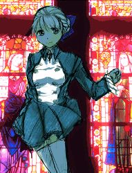 Rule 34 | 1girl, alice elliot, blonde hair, braid, buttons, coat, double-breasted, french kiss, indoors, kiss, long sleeves, looking at viewer, lowres, shadow hearts, short hair, solo, stained glass, standing, thighhighs, white thighhighs, zettai ryouiki