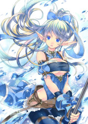 Rule 34 | 1girl, bahamut lagoon, belt, black gloves, black thighhighs, blue bow, blue eyes, bow, breasts, cleavage cutout, clothing cutout, earrings, ecaterina, elf, fingerless gloves, gloves, hair bow, holding, holding staff, ice, jewelry, long hair, medium breasts, pointy ears, silver hair, solo, staff, standing, thighhighs, touka (jue), underboob