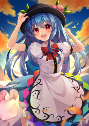 Rule 34 | 1girl, arms up, artist name, black hat, blue hair, blue skirt, blue sky, blush, breasts, buttons, cloud, cloudy sky, collared shirt, commentary request, dress shirt, food, frills, fruit, gradient sky, grey shirt, hair between eyes, hands on headwear, hands up, hat, hat ornament, highres, hinanawi tenshi, leaf, leaf hat ornament, long hair, looking at viewer, medium breasts, miy@, open mouth, peach, puffy short sleeves, puffy sleeves, rainbow, red eyes, shirt, short sleeves, skirt, sky, smile, solo, standing, sunlight, sunset, tongue, touhou, white sky