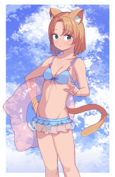 Rule 34 | 1girl, absurdres, animal ear fluff, animal ears, bare arms, bare shoulders, bikini, blue bikini, blue eyes, blue sky, breasts, brown hair, cat ears, cat girl, cat tail, cloud, collarbone, groin, hand on own hip, highres, holding, holding swim ring, innertube, looking at viewer, medium hair, navel, original, saiste, sky, small breasts, solo, stomach, swim ring, swimsuit, tail
