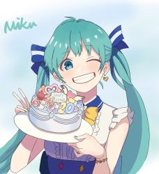 Rule 34 | 1girl, absurdly long hair, anniversary, aqua eyes, aqua hair, artist name, artist request, asuka (pixiv50680184), blue bow, blue eyes, blue hair, blue nail polish, blue nails, bow, bowtie, bracelet, cake, collared dress, dress, earrings, female focus, food, frilled dress, frills, hair bow, hatsune miku, heart, heart earrings, highres, holding, holding plate, jewelry, long hair, nail, nail polish, one eye closed, plate, solo, star bracelet, twintails, upper body, very long hair, vocaloid, white dress, yellow bow