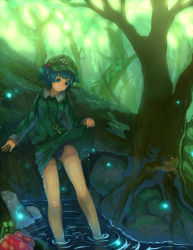 Rule 34 | 1girl, blue hair, fireflies, full body, grass, hair bobbles, hair ornament, hat, highres, kaatoso, kawashiro nitori, key, panties, pantyshot, rock, shirt, short hair, short twintails, skirt, skirt hold, skirt set, solo, standing, swimsuit, swimsuit under clothes, touhou, tree, twintails, two side up, underwear, upskirt, water, wet