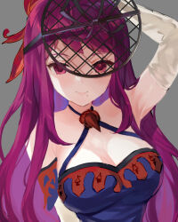 Rule 34 | 1girl, arm up, bare shoulders, breasts, cleavage, cut bangs, dress, elbow gloves, fire emblem, fire emblem engage, flower brooch, gloves, grey background, highres, ivy (fire emblem), jurge, large breasts, long hair, looking at viewer, nintendo, purple eyes, purple hair, simple background, sleeveless, sleeveless dress, smile, solo, thorn print, upper body, white gloves