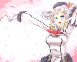 Rule 34 | 10s, 1girl, absurdres, beret, blue eyes, blush, epaulettes, frilled sleeves, frills, gloves, hat, highres, jacket, kantai collection, kashima (kancolle), kerchief, long hair, looking at viewer, military, military uniform, nagisa (imizogami), outstretched arms, pleated skirt, sidelocks, silver hair, skirt, solo, spread arms, tsurime, twintails, uniform, wavy hair, white gloves