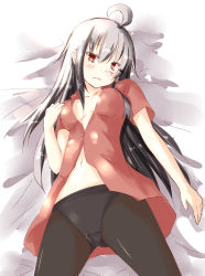 Rule 34 | 10s, 1girl, absurdres, ahoge, black pantyhose, blush, breasts, facial scar, gangut (kancolle), grey hair, hair between eyes, highres, kantai collection, long hair, looking at viewer, lying, medium breasts, no headwear, no headwear, no jacket, on back, open mouth, panties, pantyhose, red eyes, red shirt, rits (single type), scar, scar on cheek, scar on face, shirt, solo, underwear, undressing, white background