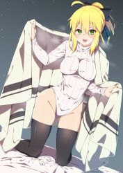 Rule 34 | 1girl, :d, ahoge, bare hips, bed sheet, black bow, blanket, blonde hair, blush, bow, breasts, commentary request, dutch angle, fate/grand order, fate (series), gluteal fold, green eyes, grey background, groin, hair between eyes, hair bow, heattech leotard, highres, large breasts, leotard, long sleeves, looking at viewer, open mouth, ponytail, short hair, sidelocks, smile, solo, sweater, thighhighs, turtleneck, turtleneck sweater, white leotard, xah03172