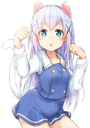 Rule 34 | 1girl, absurdres, animal ears, blue eyes, blue shirt, blue skirt, cat ears, cat tail, chestnut mouth, collarbone, covered navel, gochuumon wa usagi desu ka?, highres, kafuu chino, kemonomimi mode, long hair, looking at viewer, nosetissue, open mouth, paw pose, school uniform, shirt, silver hair, simple background, skirt, solo, sweatdrop, tail, white background