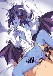 Rule 34 | 1boy, 1futa, bar censor, black sclera, blue hair, blue skin, bottomless, breasts, censored, colored nipples, colored sclera, colored skin, demon girl, demon horns, demon tail, demon wings, elbow gloves, erection, fang, full-package futanari, futa with male, futanari, gloves, halterneck, horns, lying, missionary, nipples, on bed, one breast out, open mouth, penis, pillow, pointy ears, prehensile tail, purple nipples, pussy, seizaverus, sex, shinrabanshou, sidelocks, small breasts, spread legs, tail, tears, testicles, thigh grab, unazuki (sima hitsuji), vaginal, wings