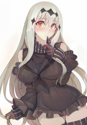 Rule 34 | 10s, 1girl, abyssal ship, aircraft carrier water oni, black gloves, blush, breasts, colored skin, covered erect nipples, cowboy shot, dress, female focus, finger to mouth, gloves, kantai collection, large breasts, long hair, orange eyes, personification, pinstripe pattern, ribbed dress, ribbed shirt, sailor collar, sailor dress, see-through, shirt, short dress, solo, striped, thighhighs, very long hair, walzrj, white hair, white skin, zettai ryouiki