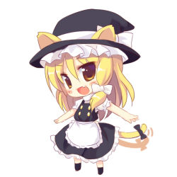 Rule 34 | 1girl, animal ears, blonde hair, bow, braid, cat ears, cat girl, cat tail, chibi, ears through headwear, female focus, full body, hat, kemonomimi mode, kirisame marisa, meito (maze), outstretched arms, short hair, side braid, solo, spread arms, standing, tail, tail bow, tail ornament, tail wagging, touhou, witch, witch hat, yellow eyes
