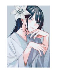 Rule 34 | 1girl, black hair, border, chinese clothes, earrings, fate/grand order, fate (series), floral print, flower, flower earrings, green eyes, green nails, grey background, grin, hair flower, hair ornament, hand on own chin, jewelry, jing ke (fate), katagiri (mighty swing), long hair, long sleeves, looking at viewer, nail polish, outside border, simple background, smile, solo, upper body, white border, white flower, wide sleeves