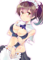 Rule 34 | 10s, 1girl, :&lt;, adapted costume, alternate costume, apron, artist name, blush, breasts, brown hair, cleavage, closed mouth, covering privates, covering crotch, cuffs, female focus, highres, imu sanjo, kaga (kancolle), kantai collection, large breasts, long hair, looking at viewer, maid, maid apron, maid headdress, midriff, navel, ribbon, ribbon-trimmed apron, ribbon trim, side ponytail, signature, skirt, solo, uniform, white background, wrist cuffs, wristband