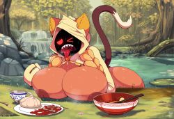 Rule 34 | 1girl, andro juniarto, animal ears, ass, blazblue, bottomless, breasts, cat ears, cat tail, food, nipples, one eye closed, open mouth, outdoors, solo, spicy, sweat, tail, taokaka, tongue, tongue out, wet