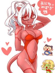 Rule 34 | 2girls, ^ ^, arm behind back, bare arms, bare shoulders, black-framed eyewear, blonde hair, blush, breasts, cleavage, closed eyes, closed mouth, clothing cutout, collarbone, colored skin, cowboy shot, demon girl, demon horns, demon tail, dragon quest, dragon quest x, dwarf (dq10), eyebrows, eyelashes, facing away, glasses, green skin, hair between eyes, heart, high ponytail, highleg, highleg swimsuit, horns, long hair, medium breasts, multiple girls, navel, navel cutout, nekomura otako, nose blush, ogre (dq10), one-piece swimsuit, pointy ears, red eyes, red one-piece swimsuit, red skin, sidelocks, simple background, skindentation, solo focus, spikes, standing, stomach, sweat, swimsuit, tail, twitter username, uneven eyes, wavy hair, white background, white hair