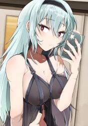 Rule 34 | 1girl, absurdres, alternate language, babydoll, black babydoll, blue hair, breasts, camera flash, cleavage, closed mouth, collarbone, commentary request, covered erect nipples, girls&#039; frontline, hair between eyes, hairband, highres, holding, holding phone, kuzumotsu, large breasts, lingerie, long hair, looking at viewer, midriff, multiple scars, navel, nipples, partial commentary, phone, red eyes, scar, scar on neck, see-through, see-through shirt, selfie, solo, thunder (girls&#039; frontline), underwear