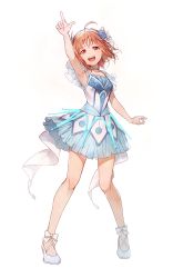 Rule 34 | 1girl, :d, absurdres, ahoge, arm up, armpits, bad id, bad pixiv id, bare legs, blue dress, bow, choker, collarbone, dress, flower, footwear bow, full body, hair flower, hair ornament, hairband, highres, hotechige, layered dress, looking at viewer, love live!, love live! school idol project, no socks, open mouth, orange hair, pointing, pointing up, red eyes, shoes, short hair, simple background, sleeveless, sleeveless dress, smile, solo, standing, takami chika, tareme, water blue new world, white background, white bow, white choker, white footwear, white hairband