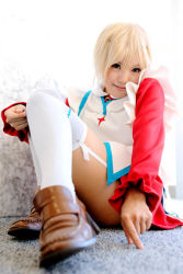 Rule 34 | 1girl, asian, blonde hair, brown footwear, cosplay, erstin ho, erstin ho (cosplay), garter straps, indoors, kipi-san, loafers, looking at viewer, my-otome, on floor, photo (medium), school uniform, shoes, short hair, sitting, solo, thighhighs, white thighhighs, zettai ryouiki