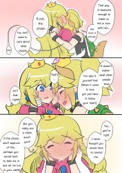 Rule 34 | 2girls, bare shoulders, black dress, blonde hair, blue eyes, blush, blush stickers, bowsette, comic, dress, earrings, english text, engrish text, full-face blush, hands on another&#039;s face, happy tears, head tilt, horns, hug, jewelry, long hair, mario (series), multiple girls, new super mario bros. u deluxe, nintendo, nose blush, pink dress, ponytail, princess peach, ranguage, sesield, short hair, smile, strapless, strapless dress, super crown, tears