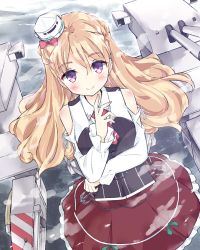 Rule 34 | 1girl, anchor, ascot, bad id, bad pixiv id, bare shoulders, blonde hair, blush, breasts, closed mouth, clothing cutout, commentary request, corset, gun, hair between eyes, hat, kantai collection, layered skirt, long hair, long sleeves, looking at viewer, machinery, mini hat, purple eyes, red ascot, red skirt, sedona, shirt, shoulder cutout, skirt, smile, solo, turret, wavy hair, weapon, white shirt, zara (kancolle)