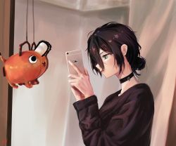 Rule 34 | 1girl, :3, absurdres, animal, black choker, black hair, black sweater, chainsaw, chainsaw man, choker, fmeng, green eyes, hair bun, hair over eyes, highres, holding, holding phone, looking at object, one eye covered, phone, pochita (chainsaw man), reze (chainsaw man), single hair bun, solo, sweater, taking picture