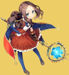 Rule 34 | 1girl, blue cape, blue eyes, blue gloves, blue pantyhose, bow, brown hair, cape, cura, dress, elbow gloves, fate/grand order, fate (series), gloves, hair bow, hand on own hip, highres, holding, holding staff, leonardo da vinci (fate), leonardo da vinci (fate/grand order), leonardo da vinci (rider) (fate), loafers, long hair, orange background, pantyhose, ponytail, puffy short sleeves, puffy sleeves, red cape, red dress, ribbon, shoes, short sleeves, simple background, single elbow glove, smile, solo, staff, weapon