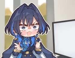 Rule 34 | 1girl, black hair, blue eyes, blue hair, blue necktie, blush stickers, chibi, chibi only, commentary, earrings, english commentary, hair between eyes, hair intakes, highres, holding, holding pen, hololive, hololive english, indoors, jewelry, kukie-nyan, long sleeves, looking at viewer, monitor, multicolored hair, necktie, official alternate costume, ouro kronii, ouro kronii (4th costume), outline, pen, short hair with long locks, solo, streaked hair, two-tone hair, v-shaped eyebrows, virtual youtuber, white outline