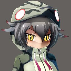 Rule 34 | 1girl, closed mouth, colored tips, commentary request, drawstring, expressionless, flipped hair, green hoodie, grey background, grey hair, hair between eyes, highres, hood, hood up, hoodie, kemono friends, lets0020, long bangs, looking at viewer, multicolored hair, okinawa habu (kemono friends), portrait, red hair, shaded face, short hair, simple background, slit pupils, snake hood, snake print, solo, yellow eyes, zipper