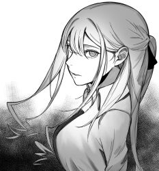 Rule 34 | 1girl, ak-12 (girls&#039; frontline), alternate costume, artificial eyes, black necktie, breasts, from side, girls&#039; frontline, greyscale, highres, kavni, long hair, looking at viewer, medium breasts, monochrome, necktie, open mouth, parted lips, ponytail, shirt, sidelocks, solo, upper body, white shirt