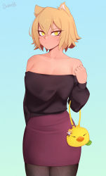 Rule 34 | 1girl, animal ears, arm behind back, bag, bag charm, bare shoulders, black pantyhose, black sweater, blonde hair, blush, breasts, casual, cat ears, charm (object), cleavage, closed mouth, collarbone, commentary, darahan, english commentary, handbag, long sleeves, looking at viewer, medium breasts, neco-arc, off-shoulder sweater, off shoulder, original, pantyhose, pencil skirt, purple skirt, short hair, signature, skirt, solo, sweater, tsukihime, yellow eyes
