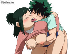 Rule 34 | 1boy, 1girl, age difference, blush, boku no hero academia, breasts, breasts out, clothes lift, doggystyle, french kiss, grabbing, grabbing another&#039;s breast, green eyes, green hair, groping, happy sex, hetero, highres, incest, kiss, large breasts, midoriya inko, midoriya izuku, mother and son, muscular, muscular male, nipples, open mouth, pussy juice, sex, sex from behind, shirt lift, shoganight, tongue, tongue out, white background