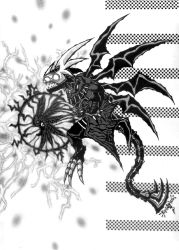Rule 34 | bandai, claws, darkness, demon, digimon, dragon, fangs, highres, lucemon, lucemon larva, lucemon satan mode, monochrome, monster, no humans, orb, seven great demon lords, wings
