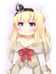 Rule 34 | &gt;:t, 10s, 1girl, :t, absurdres, arms at sides, bare shoulders, blonde hair, blue eyes, blush, bow, braid, clenched hands, crown, dress, french braid, gradient background, hairband, highres, ikazu401, kantai collection, layered dress, long hair, long sleeves, looking to the side, looking up, pout, red bow, simple background, solo, strapless, strapless dress, upper body, v-shaped eyebrows, warspite (kancolle)