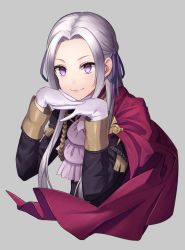 Rule 34 | 1girl, cape, closed mouth, commentary request, cropped torso, edelgard von hresvelg, fire emblem, fire emblem: three houses, forehead, fringe trim, garreg mach monastery uniform, gloves, grey background, hair ribbon, highres, long hair, long sleeves, minami ikkei, nintendo, own hands together, purple eyes, purple ribbon, red cape, ribbon, school uniform, silver hair, simple background, smile, solo, white gloves