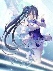 Rule 34 | 1girl, ;), absurdly long hair, absurdres, aris (blue archive), black hair, blue archive, blue eyes, blurry, choker, commentary request, concert, depth of field, detached sleeves, full body, hair between eyes, halo, hand on own hip, highres, idol, jumping, long hair, long sleeves, looking at viewer, midorino eni, mischievous straight uniform (blue archive), official alternate costume, one eye closed, pleated skirt, side ponytail, sidelocks, skirt, smile, solo, very long hair, waving, zoom layer